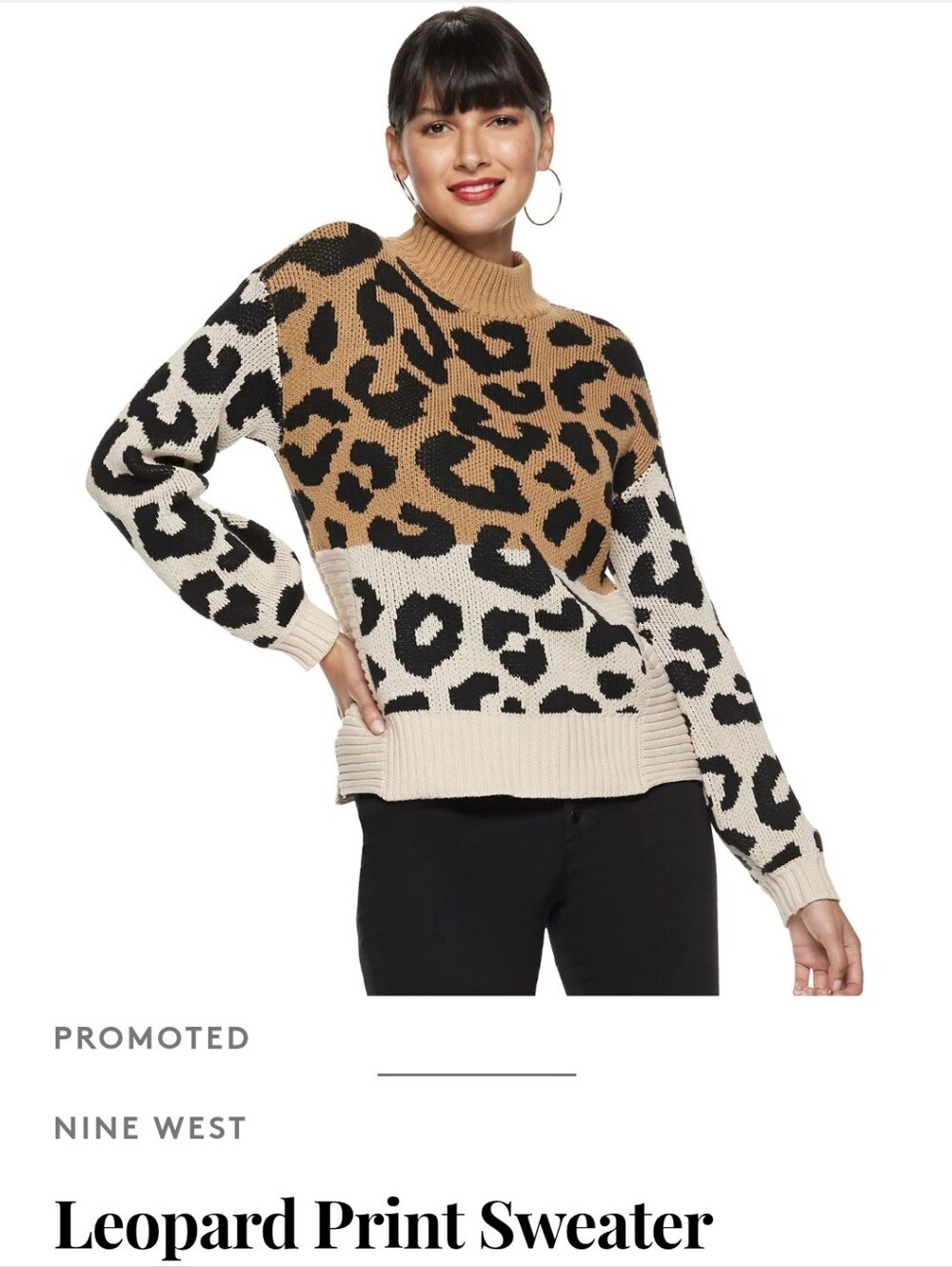 Nine West Leopard Colorblock Cowl Sweater - Tan/Black/Cream